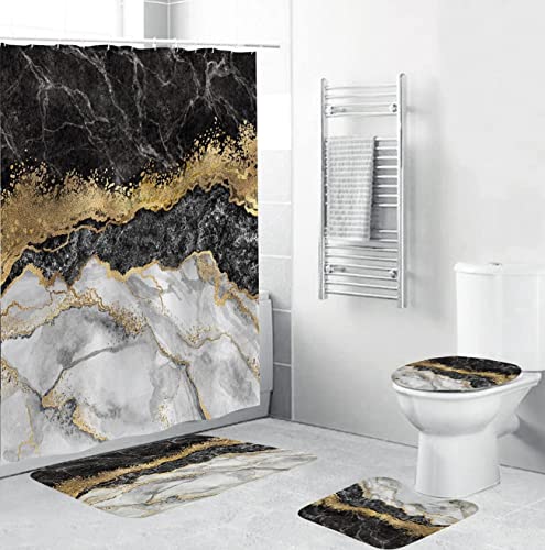 Nuseiis 4PCS Black Marble Shower Curtain Sets with Non-Slip Rugs,Bath Mat and Toilet Lid Cover,Shower Curtain Sets for Bathroom, Gold Modern Bathroom Sets with Shower Curtain and Rugs and Accessorie