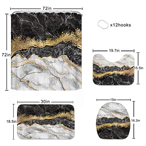 Nuseiis 4PCS Black Marble Shower Curtain Sets with Non-Slip Rugs,Bath Mat and Toilet Lid Cover,Shower Curtain Sets for Bathroom, Gold Modern Bathroom Sets with Shower Curtain and Rugs and Accessorie