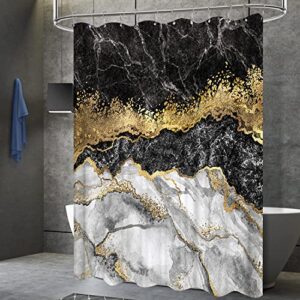 Nuseiis 4PCS Black Marble Shower Curtain Sets with Non-Slip Rugs,Bath Mat and Toilet Lid Cover,Shower Curtain Sets for Bathroom, Gold Modern Bathroom Sets with Shower Curtain and Rugs and Accessorie