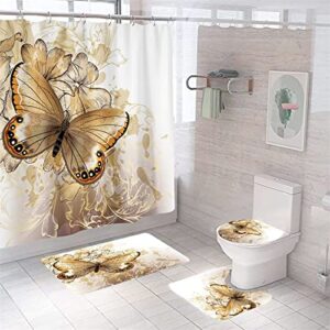 jqh's store 4 piece butterfly shower curtains sets with non-slip rugs toilet lid cover and bath mat bathroom sets with shower curtain and rugs and accessories