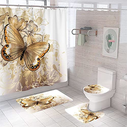 JQH's store 4 Piece Butterfly Shower Curtains Sets with Non-Slip Rugs Toilet Lid Cover and Bath Mat Bathroom Sets with Shower Curtain and Rugs and Accessories