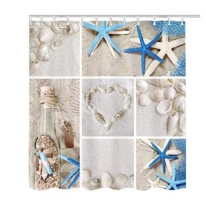 Amagical Blue Starfish Seashell Conch 16 Piece Shower Curtain Bathroom Mat Set Wishing Bottle Love Stone Design Bath Mat Contour Mat Toilet Cover and Shower Curtain with 12 Hooks