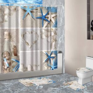 Amagical Blue Starfish Seashell Conch 16 Piece Shower Curtain Bathroom Mat Set Wishing Bottle Love Stone Design Bath Mat Contour Mat Toilet Cover and Shower Curtain with 12 Hooks