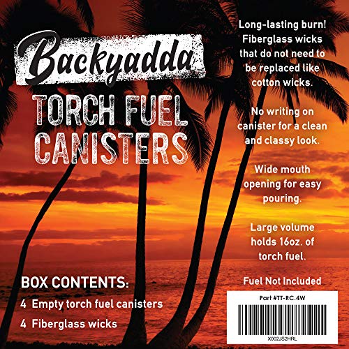 Backyadda Torch Replacement Canisters (16 oz). Compatible with Tiki Brands (Bamboo and Most Metal Styles). Easy Fill Opening. 4-Pack (Standard Metal)