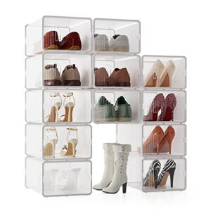 evron shoe rack vertical storage, standing shoe organizer for closet organizers and storage, sturdier frame connection clear shoe boxes stackable with smart assembly tool (white12 pcs)