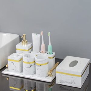 bathroom accessories set complete | faux marble resin bathroom accessories | soap dispenser,soap dish,toothbrush holder,2 x tumbler,tray,cotton swab box and tissue box | white (color : gold, size :
