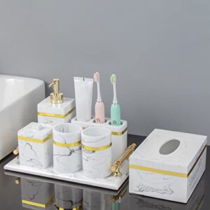 Bathroom Accessories Set Complete | Faux Marble Resin Bathroom Accessories | Soap Dispenser,Soap Dish,Toothbrush Holder,2 X Tumbler,Tray,Cotton Swab Box and Tissue Box | White (Color : Gold, Size :