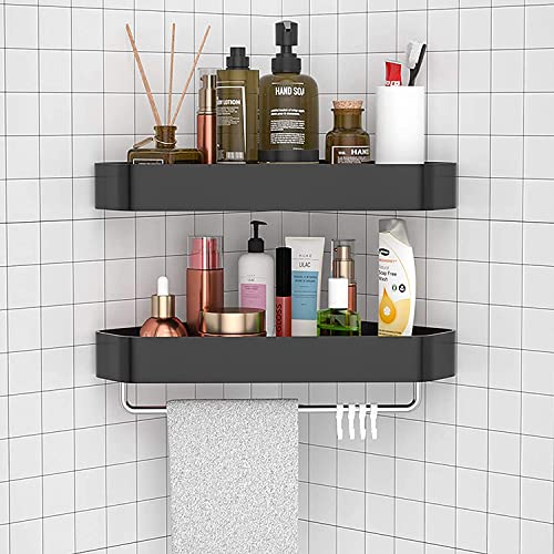 EAQ 2 Pack Corner Shower Shelves, Shower Organizer with 4 Removable Hooks and Towel bar,Adhesive No Drilling Wall Mounted Or Organizer Basket for Washroom/Toilet/Dorm/Kitchen, Matte Black