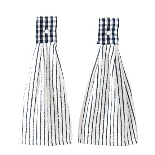 2 Pcs Hanging Kitchen Hand Towels with Loop, Home Bath Absorbent Towel Decorative for Bathroom, Laundry Room, Navy Stripes