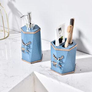 Mekoly Bathroom Accessories Set 5 Pcs,Blue Bathroom Sets Accessories,Reindeer Christmas Decoration Bathroom Vanity Set Counter Bathroom Soap Dispenser Set with Soap Dispenser,Toothbrush Holder,Tumbler