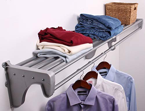 EZ Shelf - Walk in Closet System - 5 Pack - Expandable Closet Shelf with Hanging Rod (Each 40.5–73”) - with 4 End Brackets - Silver - Strong - Easy to Install – Alternative to Wire Closet Shelving