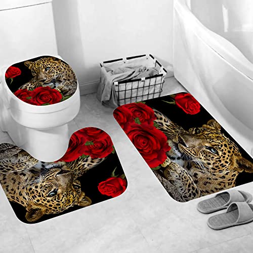 Red Rose Cheetah Shower Curtain Cat Leopard Print Bath Curtain with 12 Hooks Romantic Flowers Bathroom Decor Curtain Set with Non-Slip Rugs, Toilet Lid Cover Bath Mat for Bathtubs (Red Rose Cheetah)