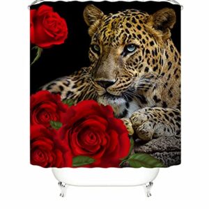 Red Rose Cheetah Shower Curtain Cat Leopard Print Bath Curtain with 12 Hooks Romantic Flowers Bathroom Decor Curtain Set with Non-Slip Rugs, Toilet Lid Cover Bath Mat for Bathtubs (Red Rose Cheetah)