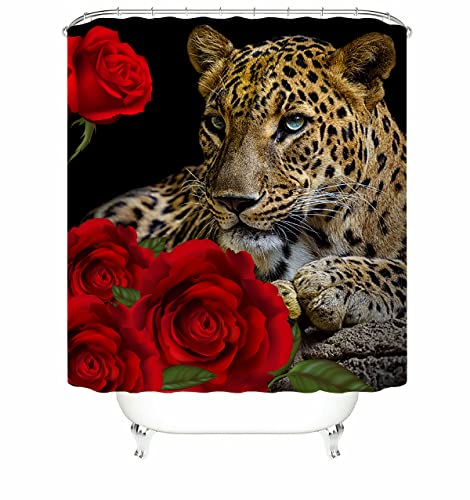 Red Rose Cheetah Shower Curtain Cat Leopard Print Bath Curtain with 12 Hooks Romantic Flowers Bathroom Decor Curtain Set with Non-Slip Rugs, Toilet Lid Cover Bath Mat for Bathtubs (Red Rose Cheetah)