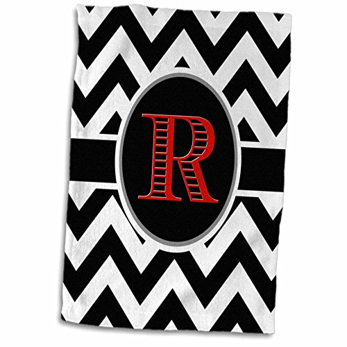 3D Rose Black and White Chevron Monogram Red Initial R Hand Towel, 15" x 22", Multicolor