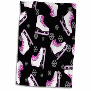 3d rose figure skate and snowflake print-black and pink hand/sports towel, 15 x 22