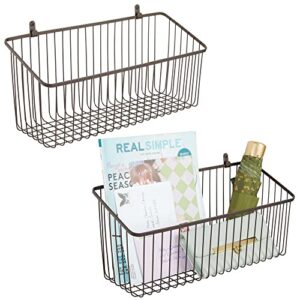 mdesign portable metal farmhouse wall decor angled storage organizer basket bin for hanging in entryway, mudroom, bedroom, bathroom, laundry room - wall mount hooks included, large - 2 pack - bronze
