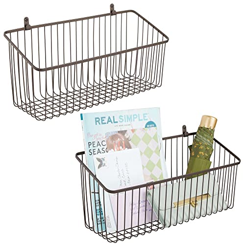 mDesign Portable Metal Farmhouse Wall Decor Angled Storage Organizer Basket Bin for Hanging in Entryway, Mudroom, Bedroom, Bathroom, Laundry Room - Wall Mount Hooks Included, Large - 2 Pack - Bronze