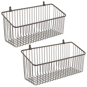 mDesign Portable Metal Farmhouse Wall Decor Angled Storage Organizer Basket Bin for Hanging in Entryway, Mudroom, Bedroom, Bathroom, Laundry Room - Wall Mount Hooks Included, Large - 2 Pack - Bronze