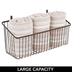 mDesign Portable Metal Farmhouse Wall Decor Angled Storage Organizer Basket Bin for Hanging in Entryway, Mudroom, Bedroom, Bathroom, Laundry Room - Wall Mount Hooks Included, Large - 2 Pack - Bronze