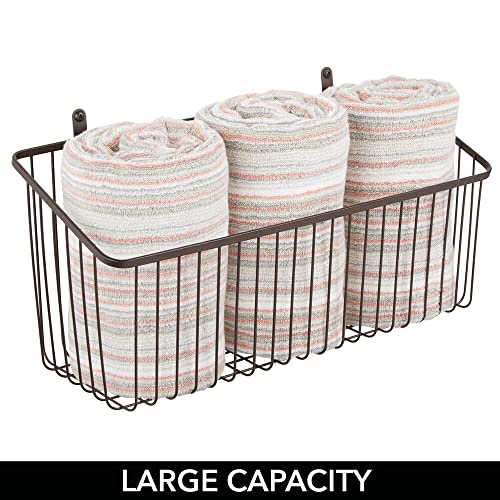 mDesign Portable Metal Farmhouse Wall Decor Angled Storage Organizer Basket Bin for Hanging in Entryway, Mudroom, Bedroom, Bathroom, Laundry Room - Wall Mount Hooks Included, Large - 2 Pack - Bronze