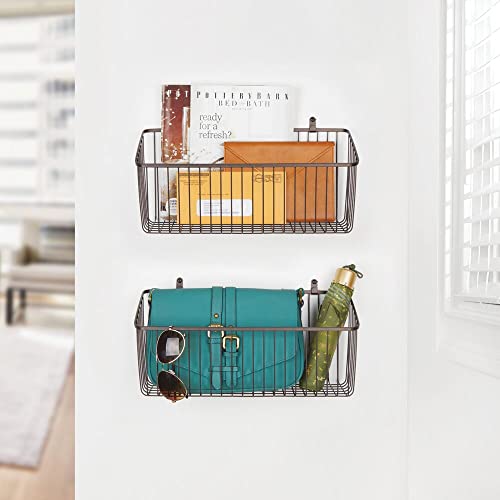 mDesign Portable Metal Farmhouse Wall Decor Angled Storage Organizer Basket Bin for Hanging in Entryway, Mudroom, Bedroom, Bathroom, Laundry Room - Wall Mount Hooks Included, Large - 2 Pack - Bronze