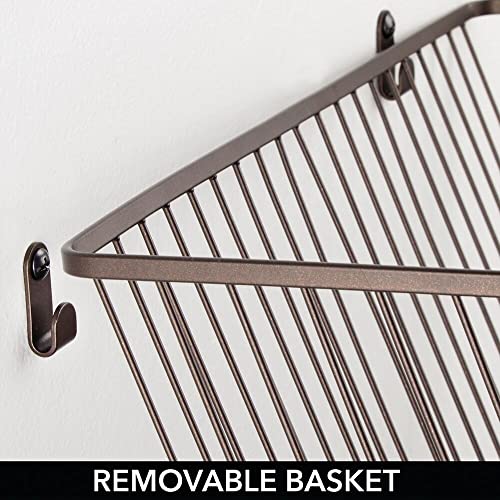 mDesign Portable Metal Farmhouse Wall Decor Angled Storage Organizer Basket Bin for Hanging in Entryway, Mudroom, Bedroom, Bathroom, Laundry Room - Wall Mount Hooks Included, Large - 2 Pack - Bronze