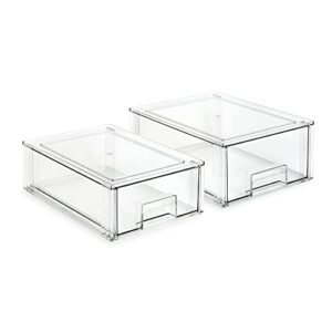 isaac jacobs stackable organizer drawer set (1 medium, 1 large), clear plastic storage boxes, pull-out bins, home, office, closet, shoes, bpa-free, food/fridge/freezer safe (1 medium, 1 large)