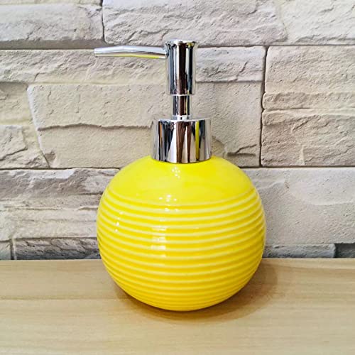 XIAOL 4 Piece Ceramic Full Bathroom Accessory Set - Pump Dispenser,Toothbrush Holder, Tumbler, Soap Dish,Yellow