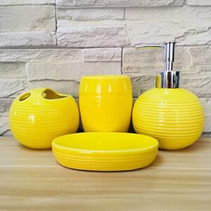 XIAOL 4 Piece Ceramic Full Bathroom Accessory Set - Pump Dispenser,Toothbrush Holder, Tumbler, Soap Dish,Yellow