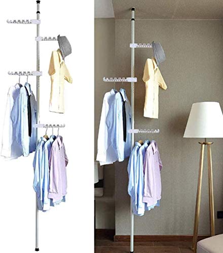 HagieNu 4-Tier Standing Clothes Laundry Drying Rack Grament Coat Hanger Organizer Floor to Ceiling Adjustable Corner Tension Pole Spce Saver- Ivory