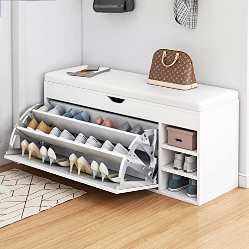 LL&SS Entryway Bench with Hidden Shoe Storage,Shoe Rack Bench for Kids and Aldults Leather Upholstered Shoe Cabinet,Modern Entry Shoe Organizer Furniture-White 100x50x31cm(39x20x12inch)(hm98f-001)