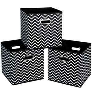 storeone fabric storage bins cubes baskets containers-(11x11x11) with dual metal handles for shelf closet, bedroom drawers organizers, foldable set of 3 (black wave)