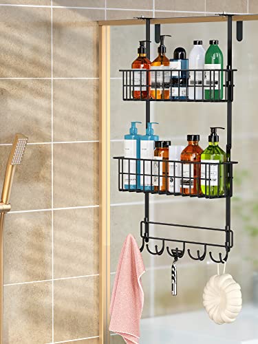 SMARTAKE Shower Caddy Over The Door, Bathroom Shelf with 10 Hooks, Fast-Draining Over Door Bathroom Organizer, Hanging Storage Rustproof for Dorm, Toilet, Bath and Kitchen (Black)