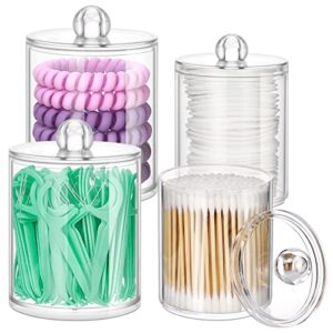 4 pack qtip holder dispenser - 10oz, 12oz clear plastic apothecary jars set - restroom bathroom makeup organizers containers for floss, cotton ball, cotton swab, cotton round pads, hair ties, bath salt
