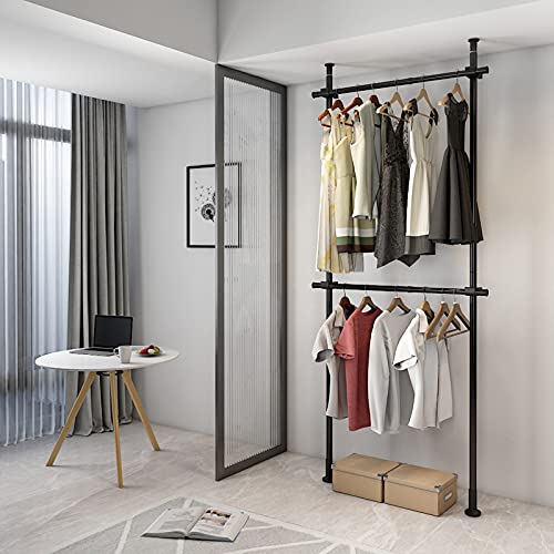 Industrial Pipe Clothing Rack, Black Clothes Rail with Loft Design 2 Tier Heavy Duty Free Standing Closet System Garment Racks Sturdy Floor to Ceiling Organizer for Store and Home Hanging Clothes