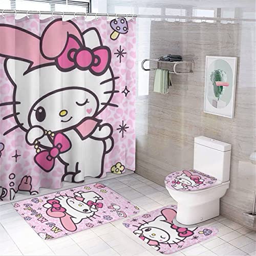 fmsnupz 4PCS Anime Shower Curtain Set, Cute Bathroom Decor with Non-Slip Rugs, Toilet Lid Cover and Bath Mat, Waterproof Fabric Shower Curtains with 12 Hooks, 70.8"x70.8"