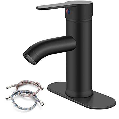 Matte Black Stainless Steel 304 Bathroom Faucet Farmhouse Single Handle Lavatory Basin Vanity Sink Faucet with Supply Line