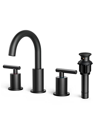 FORIOUS Matte Black Bathroom Faucet 3 Hole, 8 Inch Widespread Bathroom Faucet Black with Metal Pop-up Drain Assembly, Two Handle Vanity Faucet with cUPC Supply Lines, 8" Black Bathroom Faucet