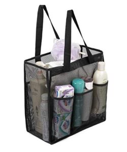 alyer big mesh shower bag tote,portable dry wet separation bath organizer with a clear zippered pvc pocket (black)