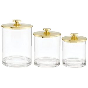 mDesign Plastic Apothecary Canister Jar Storage Organizer for Bathroom, Bedroom, Vanity, Kitchen Cabinet Organization - Holds Cotton Swab - Lumiere Collection - Set of 3 - Clear/Soft Brass