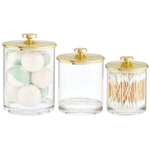mdesign plastic apothecary canister jar storage organizer for bathroom, bedroom, vanity, kitchen cabinet organization - holds cotton swab - lumiere collection - set of 3 - clear/soft brass