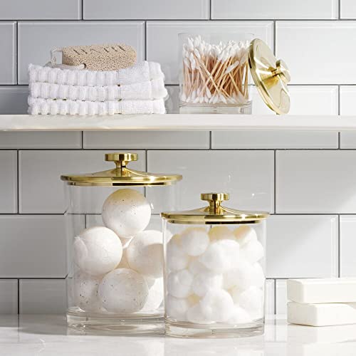 mDesign Plastic Apothecary Canister Jar Storage Organizer for Bathroom, Bedroom, Vanity, Kitchen Cabinet Organization - Holds Cotton Swab - Lumiere Collection - Set of 3 - Clear/Soft Brass