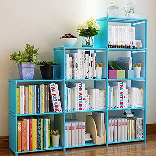 OppsDecor 9-Cubes Bookshelf, 4 Tier Shelf Adjustable DIY Bookcases for Kid, Book Shelf Organizing Storage Shelving Cabinet for Bedroom Living Room Office (Blue)