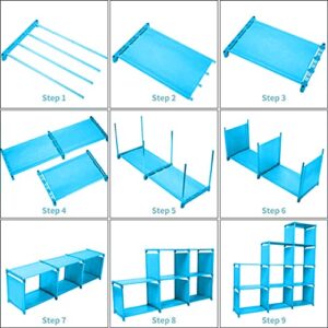 OppsDecor 9-Cubes Bookshelf, 4 Tier Shelf Adjustable DIY Bookcases for Kid, Book Shelf Organizing Storage Shelving Cabinet for Bedroom Living Room Office (Blue)