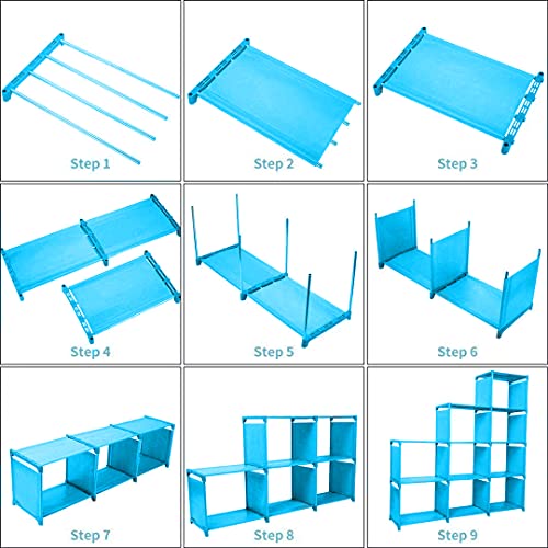 OppsDecor 9-Cubes Bookshelf, 4 Tier Shelf Adjustable DIY Bookcases for Kid, Book Shelf Organizing Storage Shelving Cabinet for Bedroom Living Room Office (Blue)