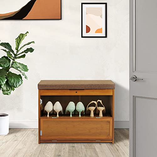 MoNiBloom Shoe Bench Entryway with Storage, Bamboo Shoe Rack Organization with Doors for 6-10 Pairs Hallway Bedroom Living Room Garden, Brown