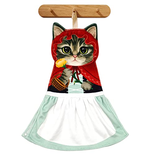 Openhahaha Funny Cat Hand Towels for Bathroom Kitchen,Cat Decor Towel,Hanging Decorative Washcloths Face Towels,Super Absorbent Soft,Cat Gifts for Cat Lovers/Women/Cat Mom/Princess Lovers(Red Hat)