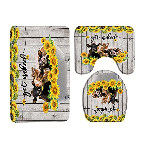 Sunflower 3 Piece Bath Mat Set Farm Cow Bathtub Farmhouse Yellow Flower Get Naked Funny Quotes Rustic Wooden Board Plank Door Vintage Animal Toilet Seat Cover,U Shaped Toilet Mat Washroom Home Decor