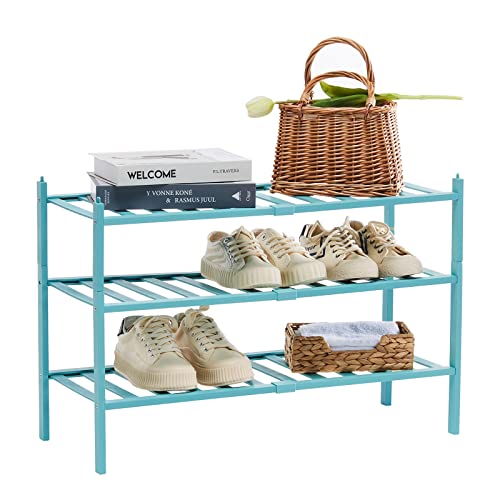 Quiqear Bamboo Shoe Rack, 3 Tier Shoe Rack Organizer, Stackable & Durable Shoe Shelf Holder, Free Standing Shoe Racks, Shoe Storage Organizer for Entryway, Closet, Hallway, 27.2*11*18.3inch (Green)